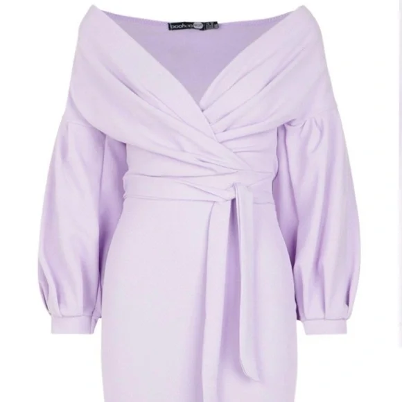 Boohoo OFF THE SHOULDER WRAP MIDI BODYCON DRESS EUC!! - Picture 2 of 10